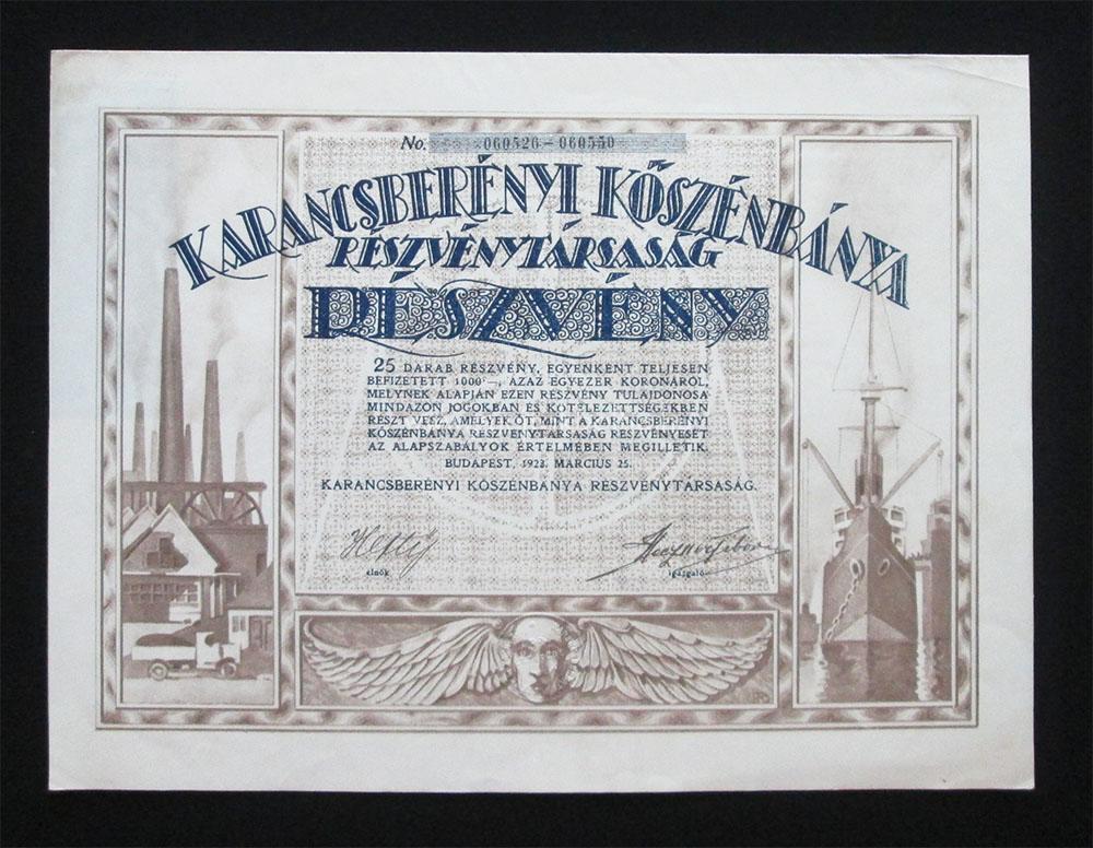 Karancsberényi Kõszénbánya részvény 25x1000 korona 1923